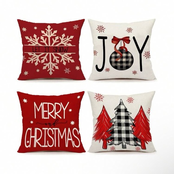 NWT- Set of 4- Red & Cream- Merry Christmas, Linen Pillow Covers Set 18x18 - Picture 1 of 7